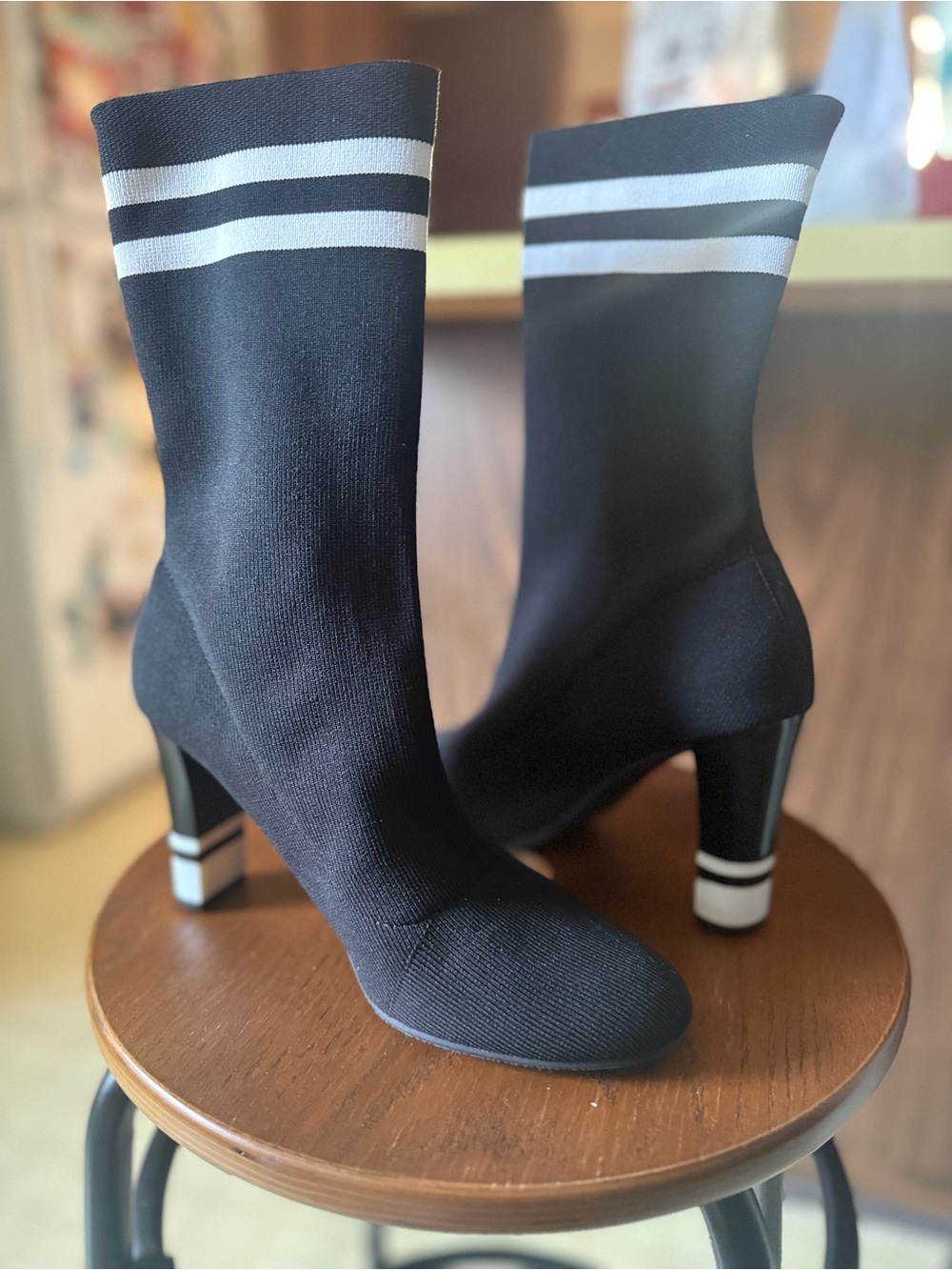 Circus by Sam Edelman Black Sock Heeled Boots with White Stripes